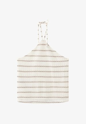 Haut dos nu tricoté avec des rayures horizontales beige clair et blanches et fermeture à nouer au niveau du cou.