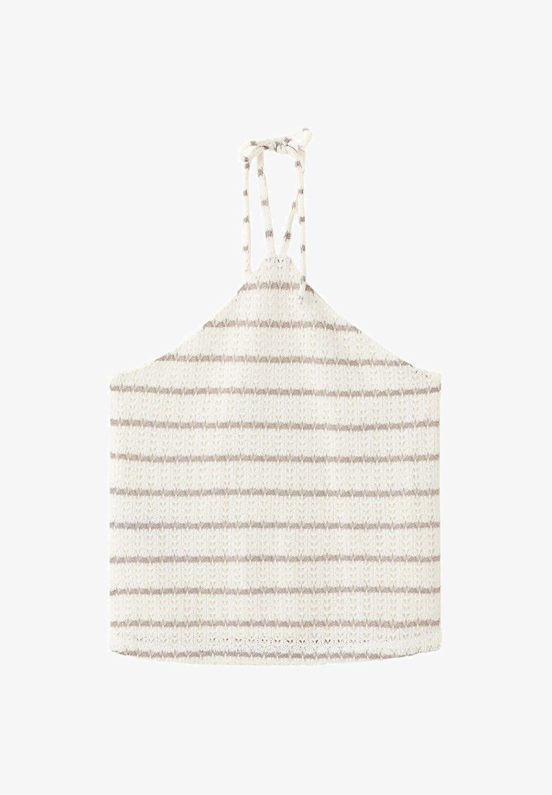 Haut dos nu tricoté avec des rayures horizontales beige clair et blanches et fermeture à nouer au niveau du cou.