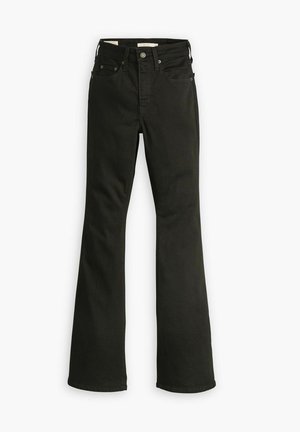 Jeans évasés noirs en denim. Comprend un design classique à cinq poches avec une fermeture éclair, une couture robuste et un ourlet propre.