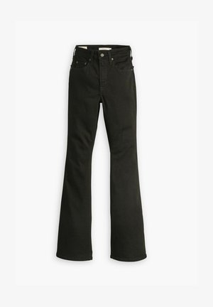 Mustat leveät farkut denimistä. Ominaisuuksiin kuuluu klassinen viiden taskun muotoilu, vetoketjukiinnitys, kestävä ompelu ja siisti helma.