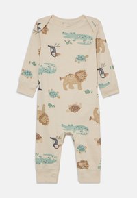 Beige long-sleeve onesie featuring a playful animal print, including lions, turtles, and crocodiles. Snap closures on the bottom for easy access.