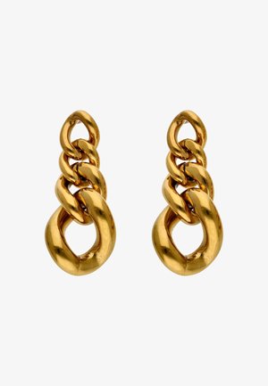 Cercei drop din lanț de aur cu bucle interconectate, finisaj neted și suprafață lustruită pentru un aspect reflectorizant.