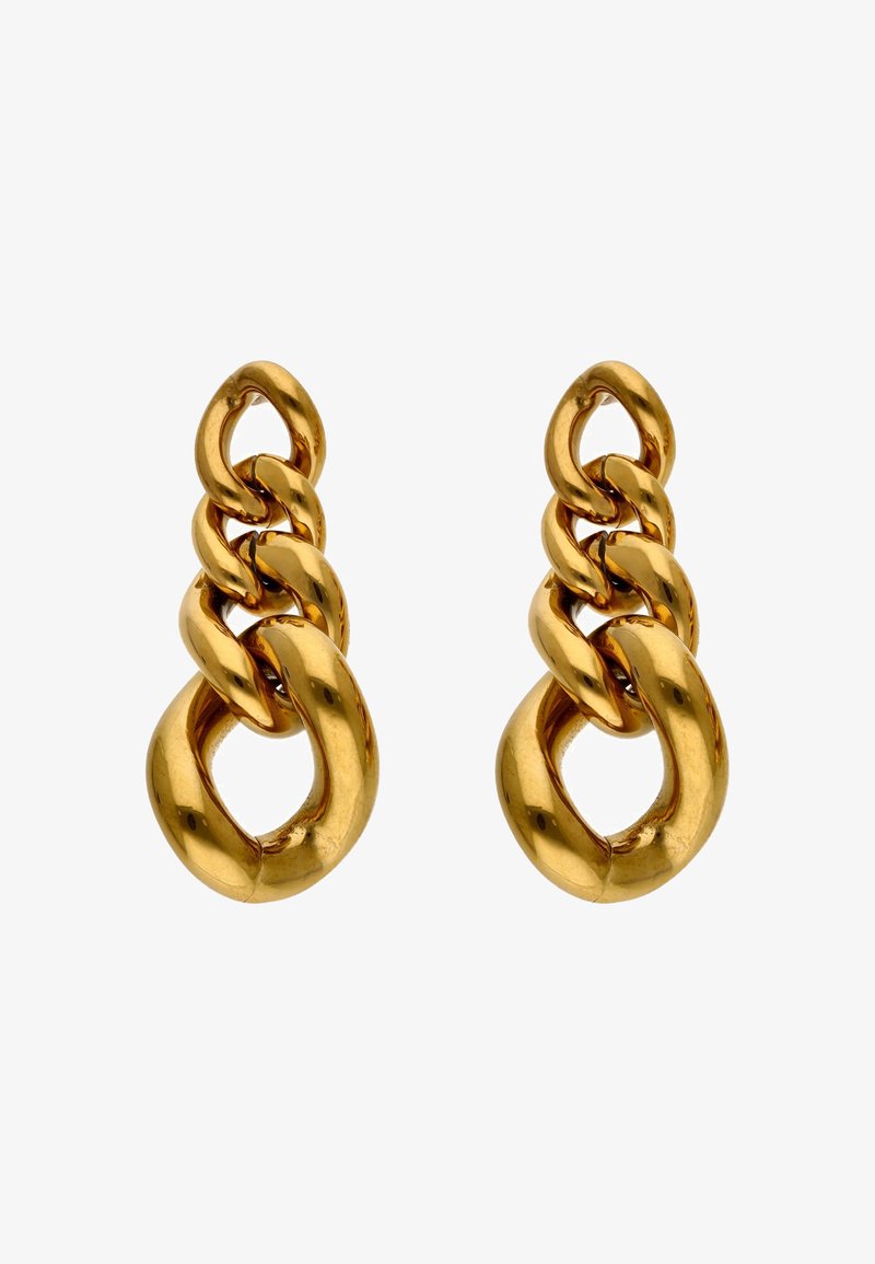 Cercei drop din lanț de aur cu bucle interconectate, finisaj neted și suprafață lustruită pentru un aspect reflectorizant.
