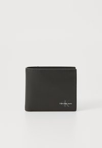 Black leather bifold wallet with smooth texture, featuring a subtle embossed logo and clean stitching. Compact, rectangular design.