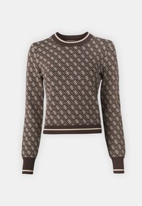 Brown knitted sweater featuring an all-over cream diamond pattern, a ribbed crew neckline, and contrasting ribbed cuffs and hem.