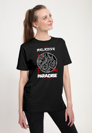 Black cotton t-shirt featuring a circular dragon design in white with red accents. Text reads "MELROSE" and "PARADISE" below the graphic.