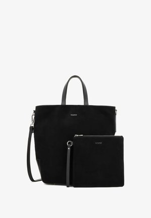 Mustast nahast kott kahekordsete käepidemete ja eemaldatava õlarihmaga, millele on lisatud sobiv väike tõmblukuga kott. Lihtne logo aksent mõlemal.