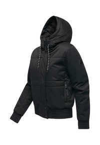 Jachetă neagră căptușită cu glugă, având un buzunar cu fermoar, mansete elastice și o margine ribată. Fabricată dintr-un material neted, rezistent la apă.