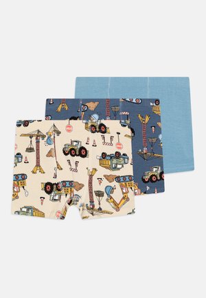 Three pairs of boys' boxer shorts: beige with construction vehicles, dark blue with a pattern, and light blue solid color. Cotton material, elastic waistband.