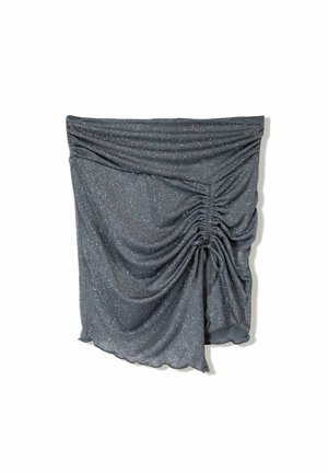 Gray skirt made of soft, shimmery fabric. Features gathered sections on one side and a flared hem. Subtle sparkle accents throughout.