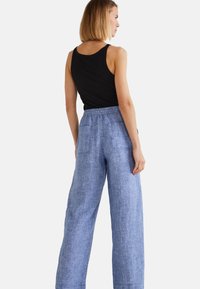 Pantalons en lin bleu clair, amples, avec une taille élastique, deux poches arrière et un tissu texturé. Portés avec un débardeur noir.