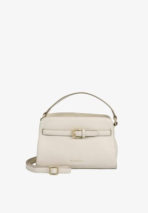 Sac à main en cuir couleur crème avec poignée supérieure, bandoulière ajustable, sangle décorative à l'avant avec boucle dorée, et logo "BURKELY".