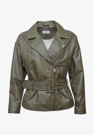 Olive green leather jacket with a motorcycle design, featuring a wide collar, belted waist, and zippered pockets on both sides.