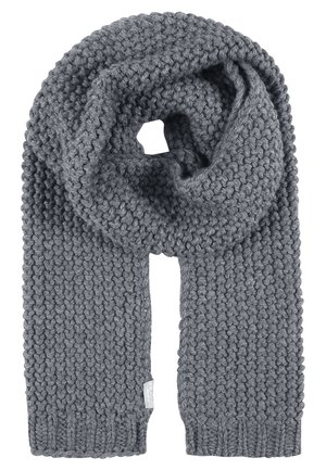 Dicker, dunkelgrauer, handgestrickter Schal mit einem groben Rippstrickmuster und gerippten Enden, der in der Mitte zu einer Schlaufe gefaltet ist.