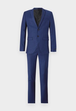 Blauwe suit met een slim fit, stoftextuur, twee knopen, twee voorkruiken en een notch lapel. De broek heeft een rechte pijpenstijl.