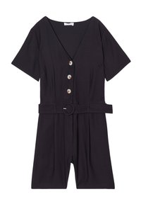 Combinaison noire à manches courtes avec un décolleté en V profond, fermeture à cinq boutons et une ceinture assortie avec une boucle ronde. Fabriquée en tissu lisse.