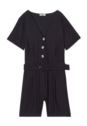 Black short-sleeve jumpsuit featuring a deep V-neck, five button closure, and a matching belt with a round buckle. Made from smooth fabric.