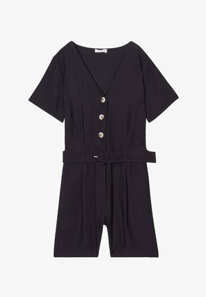 Black short-sleeve jumpsuit featuring a deep V-neck, five button closure, and a matching belt with a round buckle. Made from smooth fabric.