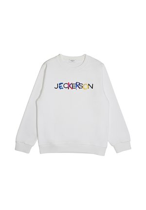 Felpa bianca a maniche lunghe con scollo rotondo e lettere ricamate colorate che formano la parola "JECKERSON" sul petto.