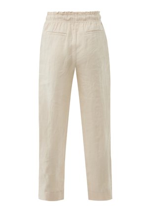 Beige losse broek met elastische tailleband en twee achterzakken, gemaakt van lichtgewicht stof.