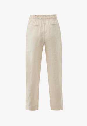Beżowe spodnie o luźnym kroju z elastycznym pasem i dwiema tylnymi kieszeniami typu welwet, wykonane z lekkiego materiału.