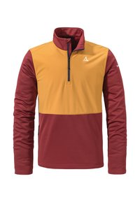 Herrenpullover in Kastanienbraun und Senfgelb, mit einem halben Reißverschluss am Hals, langen Ärmeln und einem glatten, weich strukturierten Stoff.