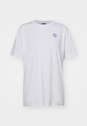 White cotton t-shirt with short sleeves, crew neckline, and blue smiley face logo on the left chest. Plain fabric with no patterns.
