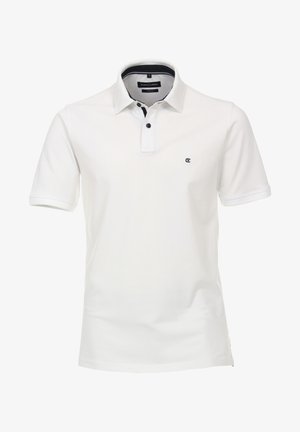 Biała koszulka polo wykonana z gładkiego materiału, z zapięciem na guziki przy kołnierzyku, czarnym akcentem na kołnierzyku oraz małym logo na piersi.