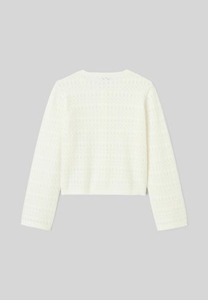 Pull en maille blanc à manches longues avec un délicat motif ajouré et un col rond, présenté à plat sur un fond gris.