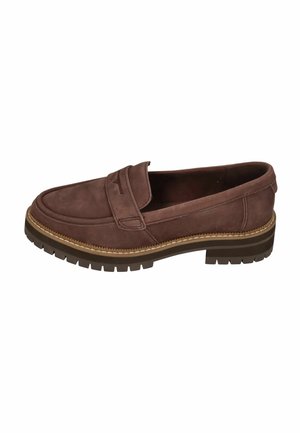 Brown suede slip-on shoe with a padded collar, accented stitching, and a textured rubber sole for grip. Side view.