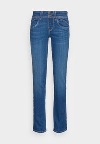 Blå denimjeans med rak skärning, med en femficksdesign, synlig sömnad och två främre metallknappar.