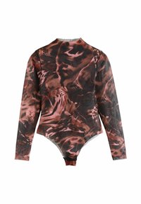 Body z długim rękawem wykonany z przezroczystej, elastycznej tkaniny z abstrakcyjnym, spiralnym wzorem w odcieniach brązu, czerni i czerwonych tonów.