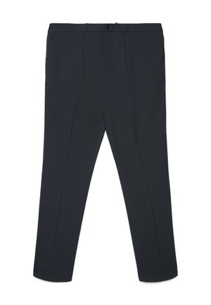 Marineblaue, maßgeschneiderte Hose mit Gürtelschlaufen, vorderer Knopfverschluss, Seitentaschen und Bügelfalten, flach auf einem weißen Hintergrund liegend.