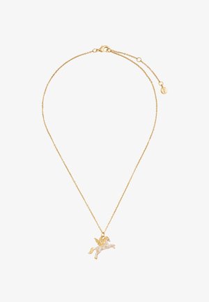 Auksinės spalvos grandinės vėrinys su baltos emalės vienaragio pakabuku, puoštu mažais brangakmeniais ir sparnų detalėmis. Reguliuojamas ilgis su užsegimu.