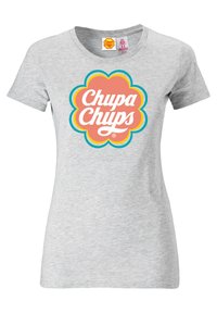 Gray cotton T-shirt featuring a colorful, rounded flower design with "Chupa Chups" text in white and pink against a light orange background.