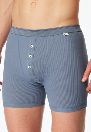Male torso wearing ribbed blue boxer briefs with three buttons on front fly and small brand tag on waistband.