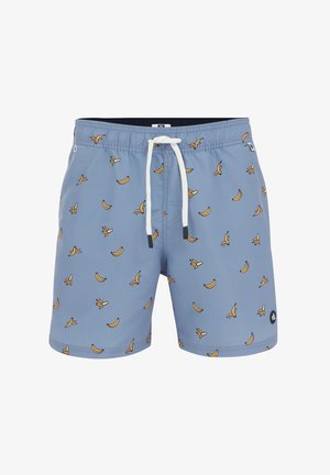 Gaiši zili peldbikses ar mazu dzeltenu banānu rakstu. Elastīga josta ar baltu auklu un mazu melnu logotipa uzlīmi.