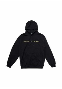 Felpa nera con cappuccio in cotone, dotata di tasca a marsupio frontale, cappuccio regolabile con coulisse e testo dorato: "MANY HEADS ONE GROUP" sul petto.