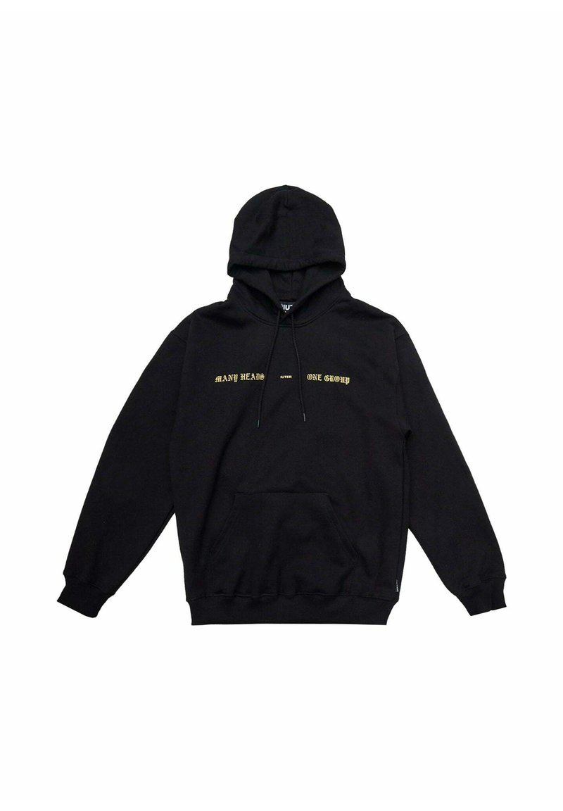 Felpa nera con cappuccio in cotone, dotata di tasca a marsupio frontale, cappuccio regolabile con coulisse e testo dorato: "MANY HEADS ONE GROUP" sul petto.