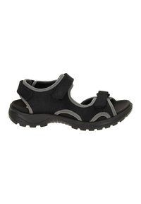 Schwarze Sandalen mit grauen Akzenten, verstellbaren Riemen, offener Zehenpartie und einer strukturierten Gummisohle. Entworfen für Komfort und Unterstützung.