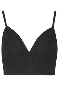 Black bralette with a V-neck design, textured floral pattern, adjustable straps, and seamless finish. Soft fabric with minimal hardware.