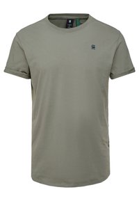 Pánské olivově zelené tričko s krátkým rukávem a kulatým výstřihem, s malým černým logem G-Star Raw na levém hrudníku a s ohrnutými rukávy.