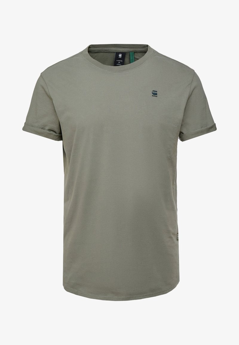 Pánské olivově zelené tričko s krátkým rukávem a kulatým výstřihem, s malým černým logem G-Star Raw na levém hrudníku a s ohrnutými rukávy.