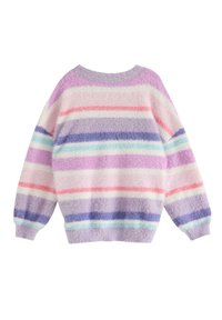 Flauschiger Pullover mit horizontalen Streifen in Pink-, Lila- und Blautönen; mit Rundhalsausschnitt und gerippten Bündchen.