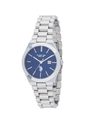 Silver stainless steel watch with a blue face, luminous hour markers, a date window, and a logo detail. Features a linked bracelet design.