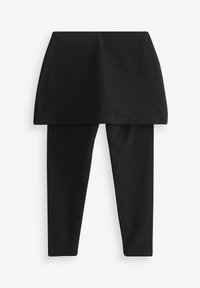 Schwarzer, geschichteter Rock über schwarzen Leggings, mit glatter Textur, sleekem Design und geradem Schnitt. Keine sichtbaren Beschläge oder Muster.