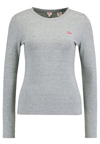 Graues Langarm-T-Shirt aus weichem Baumwollmix. Mit Rundhalsausschnitt und kleinem roten Logo auf der Brust.