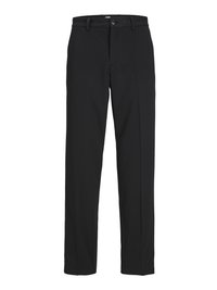 Pantaloni neri realizzati in tessuto morbido, dotati di chiusura con bottone, passanti per cintura e design a gamba dritta. Nessun motivo o decorazione visibile.