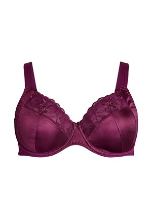 Burgundijas krāsas krūšturis ar gludu satīna apdari, mežģīņu akcentiem, ar stīpu atbalstu un regulējamām siksnām. Tases ap malu rotā viļņotas malas.