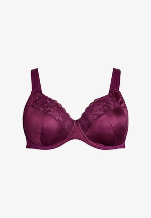 Een bordeauxrood beha met een gladde satijnen afwerking, versierd met kanten accenten, onderdraad ondersteuning en verstelbare banden. Golfachtige randen sieren de cups.
